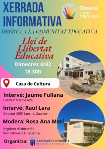 EL DIMARTS 4 DE FEBRER, XERRADA INFORMATIVA A LA CASA DE CULTURA D’ONDARA OBERTA A LA COMUNITAT EDUCATIVA, PER ABORDAR LA LLEI DE LLIBERTAT EDUCATIVA