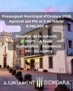EL PLE DE L’AJUNTAMENT D’ONDARA APROVA EL PRESSUPOST MUNICIPAL DE 2026 AMB ELS VOTS A FAVOR DEL PSPV, L’ABSTENCIÓ DE COMPROMÍS I EL VOT EN CONTRA DEL PP