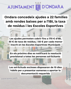 ONDARA CONCEDEIX AJUDES A 22 FAMÍLIES AMB RENDES BAIXES PER A L’IBI, LA TAXA DE RESIDUS I LES ESCOLES ESPORTIVES