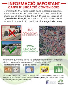CANVI D’UBICACIÓ DELS CONTENIDORS AL CARRER MENÉNDEZ PIDAL