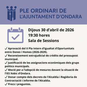 ONDARA CELEBRARÀ PLE ORDINARI EL DIJOUS 30 D’ABRIL AMB EL II PLA D’IGUALTAT I LA SITUACIÓ DE L’IES XEBIC COM A PUNTS DESTACATS