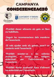 L’AJUNTAMENT D’ONDARA, LA POLICIA LOCAL I L’ASSOCIACIÓ ELS GATETS IMPULSEN UNA CAMPANYA DE CONSCIENCIACIÓ PER A PROTEGIR LES COLÒNIES FELINES DEL MUNICIPI