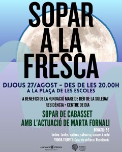 ONDARA CELEBRARÀ EL 27 D'AGOST UNA GRAN NIT SOLIDÀRIA AMB EL SOPAR A LA FRESCA A BENEFICI DE LA RESIDÈNCIA MARE DE DÉU DE LA SOLEDAT