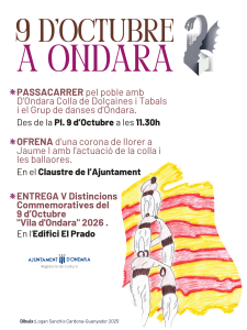 ONDARA COMMEMORARÀ EL 9 D’OCTUBRE AMB EL PASSACARRER TRADICIONAL, L’OFRENA A JAUME I I EL LLIURAMENT DE LES DISTINCIONS “VILA D’ONDARA” 2026