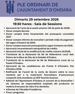 ONDARA CELEBRARÀ PLE ORDINARI EL DIMARTS 29 DE SETEMBRE, AMB EL PATRIMONI CULTURAL, LES INVERSIONS MUNICIPALS, LA SOSTENIBILITAT I LES DISTINCIONS 9 D’OCTUBRE VILA D’ONDARA ENTRE ELS PRINCIPALS ASSUMPTES