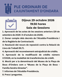 ONDARA CELEBRARÀ PLE ORDINARI EL DIJOUS 29 D’OCTUBRE