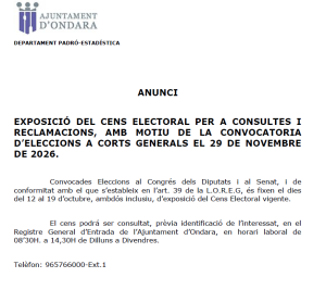 L'Ajuntament d'Ondara habilita la consulta del cens electoral i el període de reclamacions